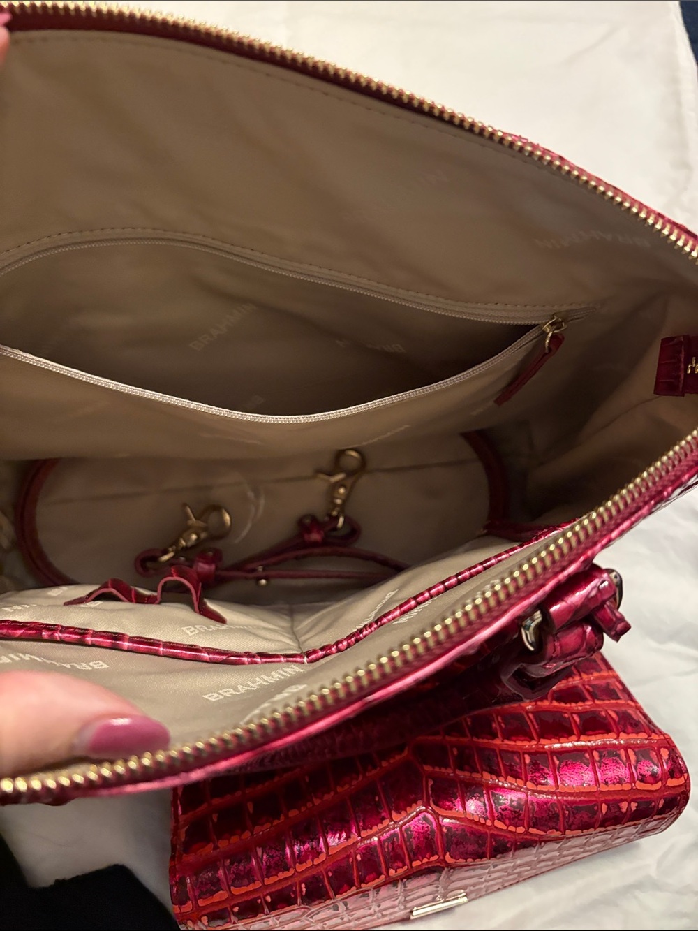 Brahmin Raspberry Croc-Embossed Satchel with Matching Wallet - Picture 4 of 6